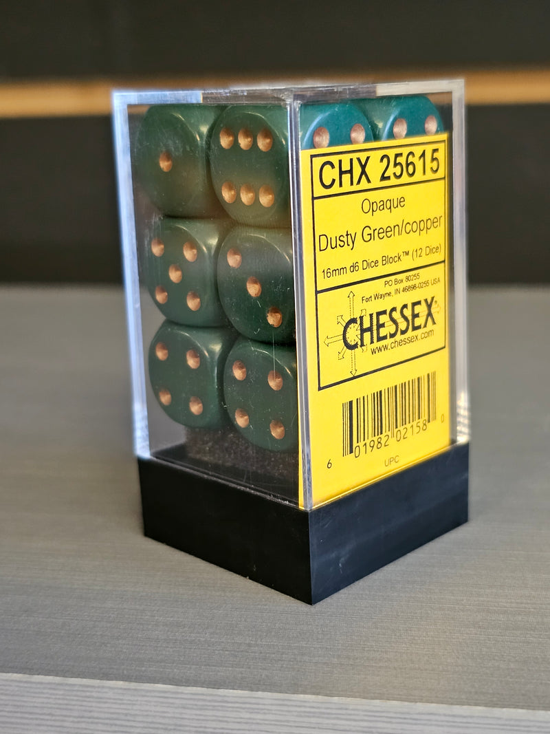 CHESSEX: CHX 25615 Opaque 16mm D6 Dusty Green/Copper (12 DICE)