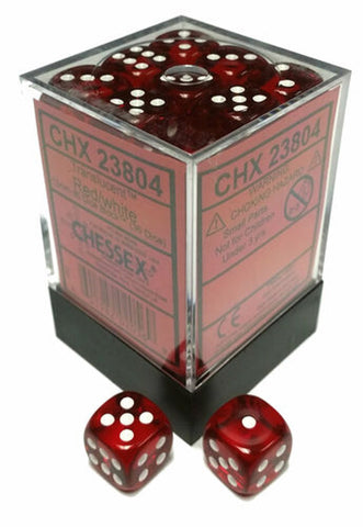 Chessex Dice: Translucent 12mm D6 Red/White (36)