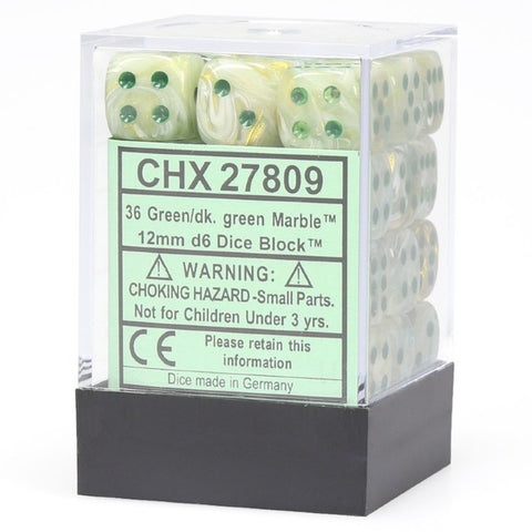 Chessex Dice: Marble - 12mm D6 Green/Dark Green (36)