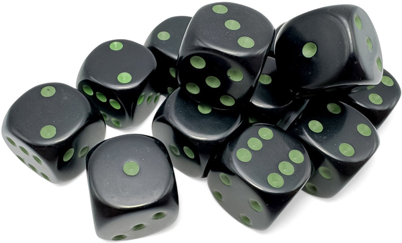 Chessex Dice: Opaque - 16mm D6 Black/Green (12ct)
