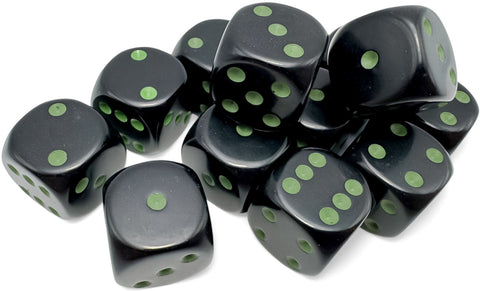 Chessex Dice: Opaque - 16mm D6 Black/Green (12ct)